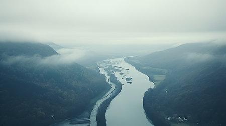 aerial photograph showcasing a river winding through hills in the distance. this atmospheric image, reminiscent of the dusseldorf school of photography, captures the essence of flowing surrealism. with muted and subtle tones, the misty gothic ambiance adds to the ethereal beauty of this uhd image. ai generatedの素材