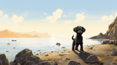 a black dog stands on a beach, with water in the background. the illustration is reminiscent of whimsical children's book art, featuring highly detailed environments and flat shading. influenced by phoenician art, the style is reminiscent of the works of joong keun lee and the poodlepunk aesthetic. this unique combination creates a visually captivating scene, reminiscent of the creativity of george lucas. ai generatedの素材