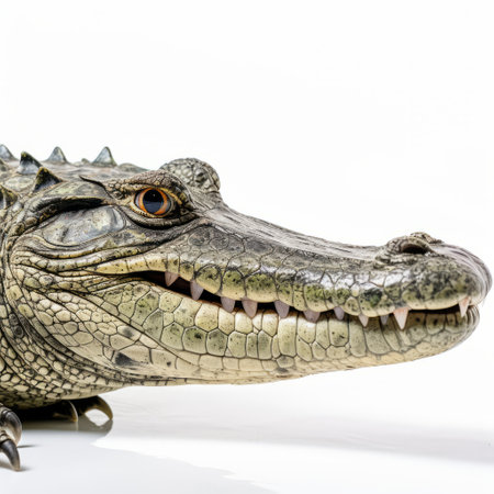 alligator: a close shot of a crocodile on a white background, inspired by the style of lisette model. this photo showcases security camera art and utilizes photo-realistic techniques. with influences from bill gekas, the image captures a strong facial expression and features metallic finishes, creating an elaborate composition. ai generatedの素材