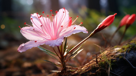 cherry blossoms in the forest, captured in stunning hd wallpapers. these realistic still lifes by cicely mary barker showcase the beauty of nature with dramatic lighting. the uhd image features light red and magenta hues, enhanced by water drops. the contrasting light and shadow add depth to this breathtaking scene in norwegian nature. ai generatedの素材