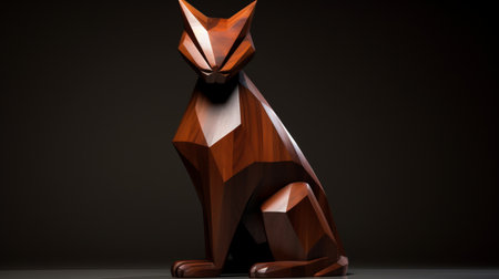 a 3d model of a cat sculpture by jools nagel, featuring faceted shapes in dark crimson and light brown. the sculpture showcases intricate woodwork and is rendered with vray tracing. inspired by the hurufiyya movement, this artwork places emphasis on character design and symbolic art. ai generatedの素材