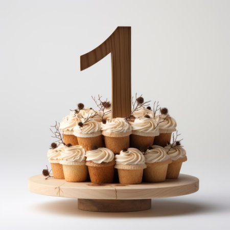 cupcakes and number 1 present, in the style of a wood sculptor, are showcased in this tabletop photography. the dark beige, nature-inspired installations stand out against the white background. the vray lighting creates a captivating play of dark white and amber tones, giving the image a trace monotone effect. ai generatedの素材