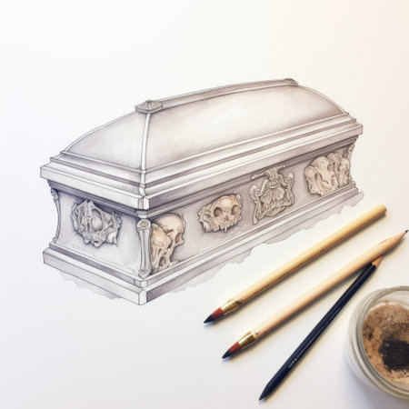 a realistic sculpture-style drawing of a coffin is depicted alongside two pens and pencils. the artwork showcases ornate detailing and watercolor illustrations, creating a quietly morbid atmosphere. the character illustrations are highly detailed, with a color palette of light gray and bronze. this editorial illustration merges elements of sculpture, watercolor, and character design. ai generatedの素材