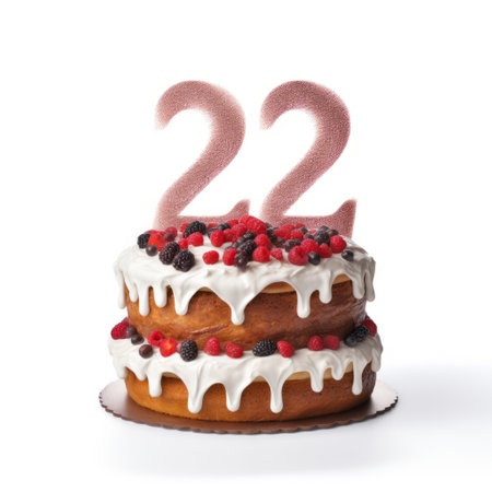 a blue cake with the number 22 on top and white frosting, featuring a cranberrycore style with a double tone effect of light amber and pink. the design is inspired by 20th-century scandinavian aesthetics, captured in high resolution with 20 megapixels. the cake is adorned with dark pink and silver accents, showcasing eco-friendly craftsmanship. ai generatedの素材