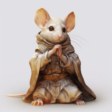 a cartoon mouse, influenced by zen buddhism, is depicted in a hyperrealistic style, holding a sword and clasping its arms in prayer. the mouse is adorned in exquisitely detailed clothing, showcasing a combination of light beige and amber hues. the artwork draws inspiration from the romanesque era, showcasing intricate costumes and a sense of refined elegance. ai generatedの素材