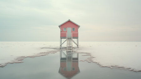 the pink building stands out in the middle of the water, showcasing a minimalist surrealism style. the photo captures a photo-realistic landscape with a combination of light red and dark aquamarine hues. the scene resembles a serene snow-covered setting, beautifully captured with a hasselblad 1600f camera. the image exudes a cottagecore vibe, with nature-inspired imagery that is both captivating and enchanting. ai generatedの素材