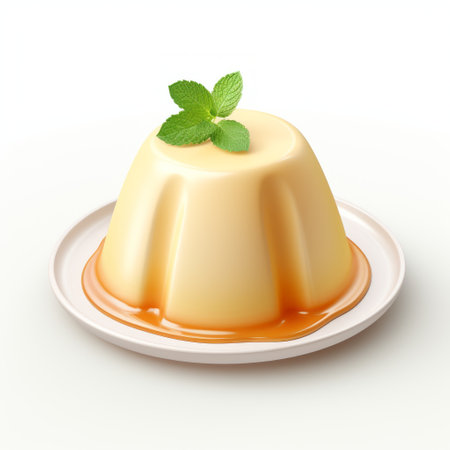a bowl of warm dessert sits on a table, adorned with fresh mint leaves. the realistic yet stylized presentation features a glossy finish, with a combination of light yellow and light orange hues. the soft renderings create a smooth and shiny appearance, while the loose and fluid composition adds to its appeal. ai generatedの素材