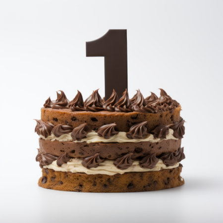 a chocolate cake with a birthday cake design in the shape of a birthday number. this high-quality photo, in the style of tokina at-x 11-16mm f2.8 pro dx ii, captures the monochromatic layers of the cake. the light brown color adds to its appeal. this caninecore-themed cake is a contest winner and reminiscent of a national geographic photo. ai generatedの素材