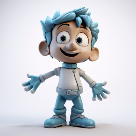 a cartoon character with vibrant blue hair and a blue color scheme, rendered in the style of vray tracing. the character features organic contours reminiscent of artists like john wilhelm and ben wooten. the lighting is a combination of soft white and bronze tones, creating a youthful and dynamic atmosphere. this artwork captures the essence of michelangelo's youthful protagonists. ai generatedの素材