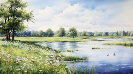 a serene summer day is captured in this watercolor painting, showcasing a meadow with a park, lake, field, and river. the artist's brushstrokes beautifully depict the tranquility of the scene, inviting viewers to immerse themselves in the peaceful ambiance of nature. ai generatedの素材