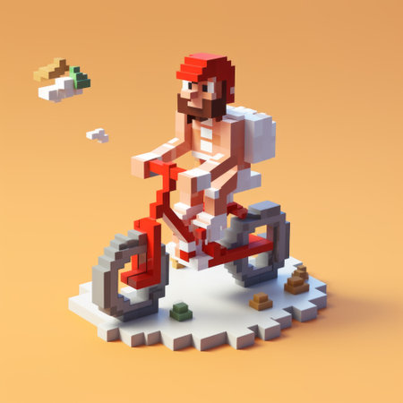 a pixel art character rides a bike on a beach, holding an umbrella, with snow falling around them. the artwork is created in the style of voxel art, featuring bold color blocks in light red and white. the sculpture-like design has a hyperrealistic quality, reminiscent of biblical iconography. the unique creation is made using cheese and the digital sculpting software, zbrush. ai generatedの素材