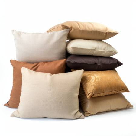 a pile of pillows in earth tones, light black, and light amber is showcased on a white background. this associated press photo captures a consumer culture critique with a found-object-centric approach. the image is shot using the ferrania p30 film, adding a dullcore aesthetic to the composition. ai generatedの素材