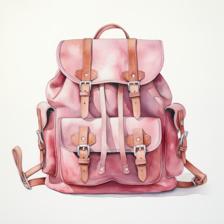 a watercolor backpack with leather handles is showcased on a white background, resembling a hyperrealistic still life. the backpack features light red and light pink hues, adding a touch of vibrancy. the artist, august sander, pays meticulous attention to elaborate details, resulting in a stunning piece. this photograph was captured by patrick brown and can be found on flickr, showcasing the artist's talent for hyper-realisticの素材