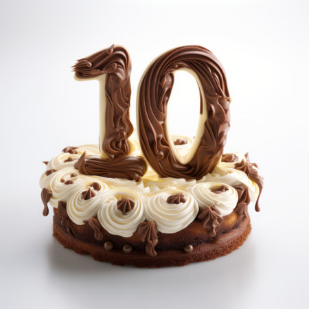 a white cake with chocolate frosting, adorned with a number ten, captured in the style of a national geographic photo. this innovative image showcases the use of light to create a striking contrast between the white and brown tones, resulting in a visually captivating composition. ai generatedの素材