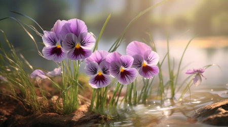 pansies bloom gracefully in a serene pond, surrounded by the gentle embrace of water. this nature-inspired image, created with vray tracing, captures the essence of soft focus romanticism. the vibrant colors of light purple and red are beautifully illuminated by sunrays, symbolizing a joyful celebration of nature's beauty and offering a touch of spiritual symbolism. ai generatedの素材
