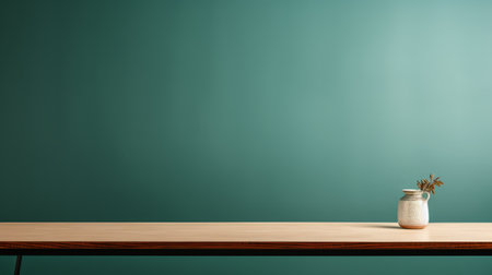 a wooden table is placed next to a vibrant green wall, creating a striking contrast. the dark cyan and beige color scheme adds a minimalist touch to the background. this high-resolution image is available under a creative commons attribution license. the composition showcases balanced asymmetry, with a suspended or hanging element. the table's surface appears smooth and shiny. ai generatedの素材
