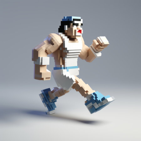 a lego set featuring a man running on a grey baseplate, rendered in the style of unreal engine. the design showcases elements of mesopotamian art with a reinterpretation of the human form. the eccentric characters and strong facial expressions are depicted using a combination of white and cyan colors, creating a visually striking voxel art composition. ai generatedの素材