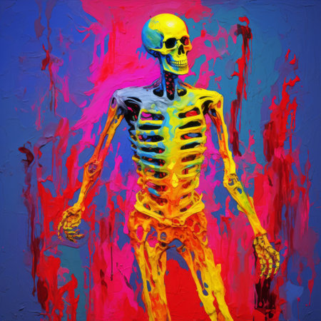 colorful skeleton art: this fine art print showcases a vibrant and expressive depiction of a skeleton. inspired by expressionist imagery, neon realism, and symbolic figurative compositions, this piece combines elements of realistic oil paintings and luminous impressionism. the artist's bold use of impasto creates a visually striking and textured effect. ai generatedの素材