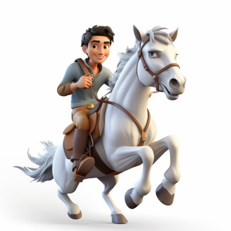 an animated character, with a strong facial expression, rides through the forests on a white horse. this animation, captured in the style of a photo taken with a nikon d750, draws inspiration from the works of frank xavier leyendecker and bartolome esteban murillo. the youthful protagonists, portrayed as isolated figures, add depth to the scene. moosa al halyan's artistic touch brings this captivating animation toの素材