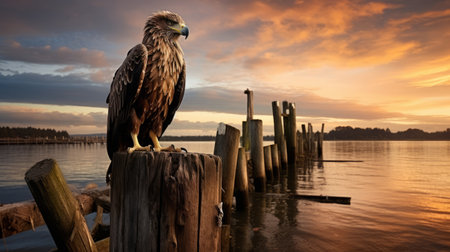 red-tailed hawk perched on wooden posts near a body of water, captured in the dark navy and dark gold style of backlit photography. this image draws inspiration from the vancouver school and dutch marine scenes, featuring richly colored skies and majestic figures. the composition evokes a sense of post-apocalyptic backdrops. ai generatedの素材