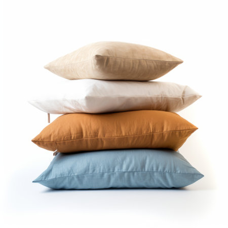 four leatherhide-style pillows with colored blankets stacked neatly on top of each other. the blankets come in shades of light azure and light amber, creating a visually appealing contrast against the white background. this industrial and product design features a combination of light bronze and beige tones, adding a touch of sophistication. perfect for vfxfriday enthusiasts, this monochromatic composition creates a sense of depth. aiの素材