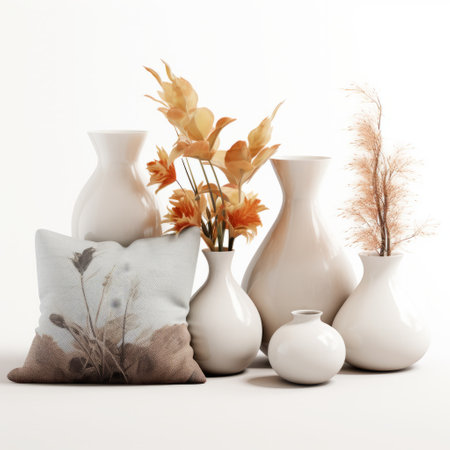 white vases and flowers, accompanied by a pillow, are showcased in this photo. the style of the composition features a combination of light orange and dark beige tones. the rendering is hyper-detailed and realistic, with a sparse use of color. the flowing fabrics, eccentric props, and simple yet elegant touches of light maroon and light cyan add to the overall aesthetic. ai generatedの素材