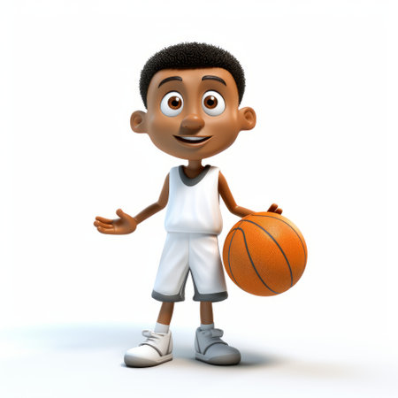 a 3d black basketball player is depicted in a cartoonish style, exuding innocence and youthfulness. the protagonist's facial expressions are lively, with a light white and light orange color scheme. the figurative texture adds depth to the artwork, while the cartoon mis-en-scene enhances the overall playful atmosphere. ai generatedの素材