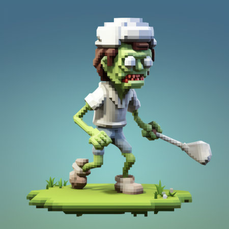 a pixel character holding a golf club is depicted in this organic sculpting style photo. the image showcases elements of zombiecore, zbrush, chilling creatures, and booru. the use of the impasto technique adds texture to the light navy and light green color palette. ai generatedの素材