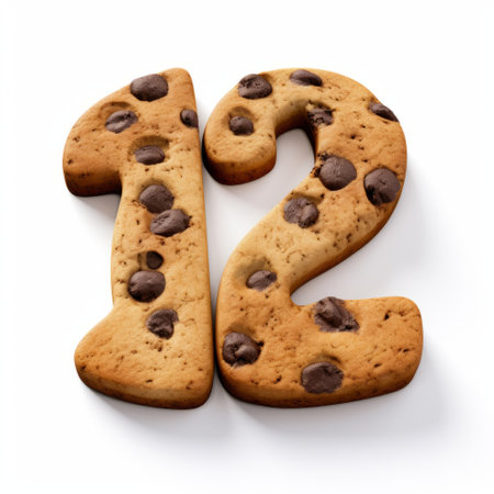 a cookie with chocolate chips arranged in the shape of the number twelve. the cookie has an elongated and dramatic style, giving a realistic impression. the graphics resemble those of xbox 360 games, showcasing the mastery of lettering. this unique creation is inspired by the artistic styles of dazecore, john wilhelm, and various happenings. ai generatedの素材