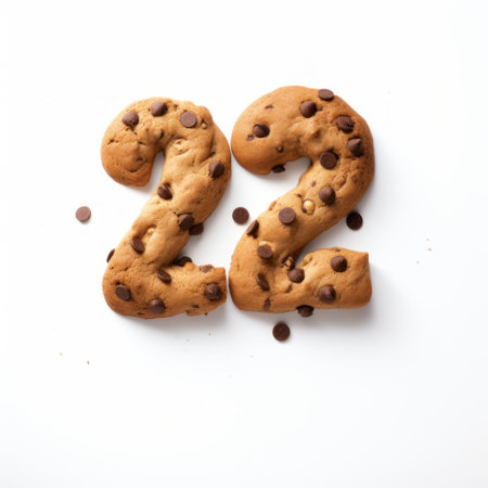 cookies shaped like the number 22 are captured in this conceptual photography. created using zbrush, the cookies are showcased against a white background with minimal retouching. the animalier theme adds a unique touch to this post-conceptual artwork. enjoy the intricate details of these 32k uhd cookies. ai generatedの素材