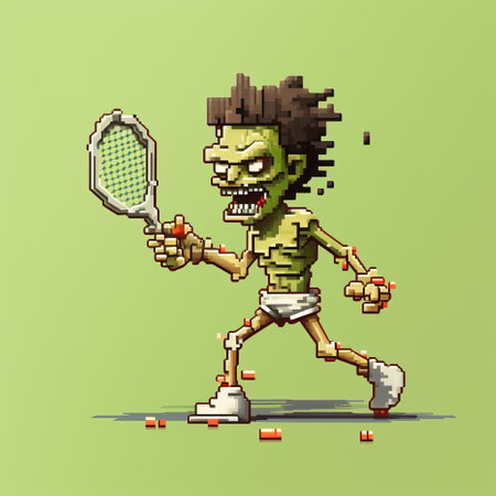 a pixel art depiction of a zombie engaging in a game of tennis, wielding a racket. the artwork showcases spiky mounds and draws inspiration from the styles of karol bak, sebastian errazuriz, and esteban vicente. the composition explores brushwork techniques and features grotesque characters. ai generatedの素材