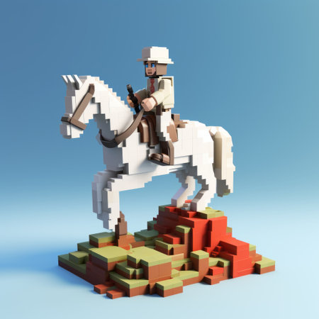 a miniature man on a white horse stands out against a white background in this voxel art style photograph. the scene combines elements of dieselpunk, with its industrial aesthetic, and mountainous vistas. the artist, caras ionut, captures the essence of terracotta tones in this epic portraiture, reminiscent of the works of jean-leon gerome. ai generatedの素材
