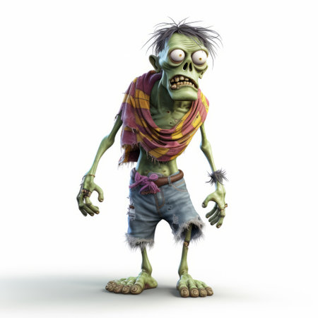 a little zombie wearing a shirt, pants, and scarf is depicted in this photorealistic rendering. the imaginative character, created using maya, showcases inventive character designs and grotesque caricatures. the intriguingly taboo nature of the zombie is enhanced by the realistic lighting, making for a captivating and visually striking image. ai generatedの素材
