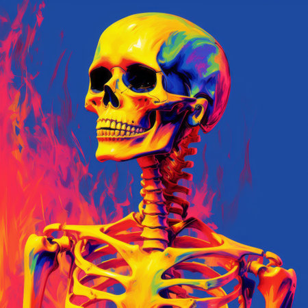 a colorful skeleton is depicted against a blue background in this hyper-realistic oil painting. the artwork showcases a heatwave effect, with vibrant shades of light crimson and yellow. the portrait is meticulously detailed, paying fine attention to anatomy. the use of vibrant color gradients and pop art-inspired imagery adds an epic touch to the composition. ai generatedの素材