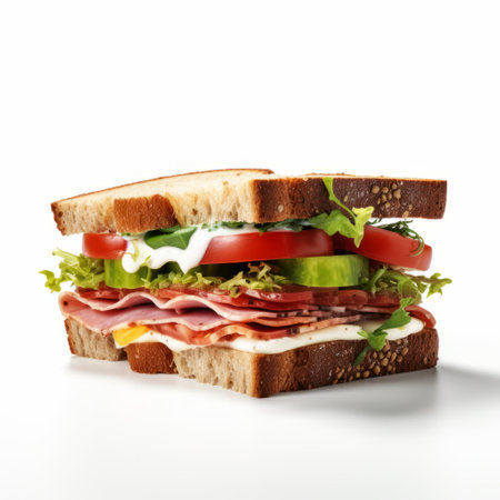 a sandwich, featuring minimal retouching and captured with high-key lighting, is showcased in this uhd image. the colorized and high-resolution photograph, reminiscent of precise hyperrealism, captures the essence of this delectable creation. this associated press photo is a visual treat for food enthusiasts. ai generatedの素材