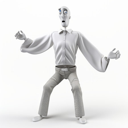 the character in this photo is holding his arms above him in a humorous and distorted pose. the style of the image is light silver and white, with elements of cad (computer-aided design) and cartoon mise-en-scene. the character's expression is elegant and emotive, with a touch of bugcore. the image captures a unique blend of slumped and draped features. ai generatedの素材