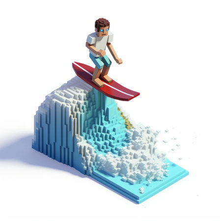 a man rides a surfboard on a rocky wave in a playful composition, depicted in the style of voxel art. this maquette-inspired image combines elements of industrial and product design, childhood arcadias, snow scenes, and low bitrate aesthetics. ai generatedの素材