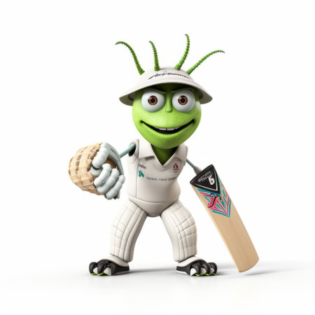 a cartoon cricket player, captured in a fantastical and imaginative style resembling 8k 3d. this commercial imagery showcases the player's vibrant white and green attire, while the photo was taken with a nikon d750 camera. the unique aesthetic of berrypunk and the use of ambient occlusion add depth and realism to the image. ai generatedの素材