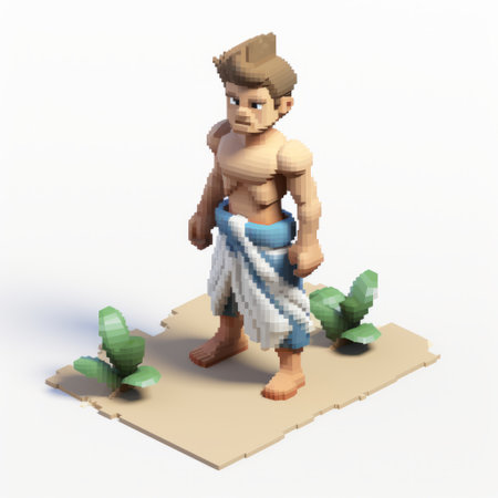 a 3d illustration featuring a man wearing a hat and shorts, set amidst a backdrop of vibrant plants. the artwork is created in the pixel art style, reminiscent of ancient egypt, with a color palette of white and blue. the piece showcases elements of voxel art, inspired by artists like guillaume seignac and dau al set, resulting in a beautifully sculpted composition. ai generatedの素材