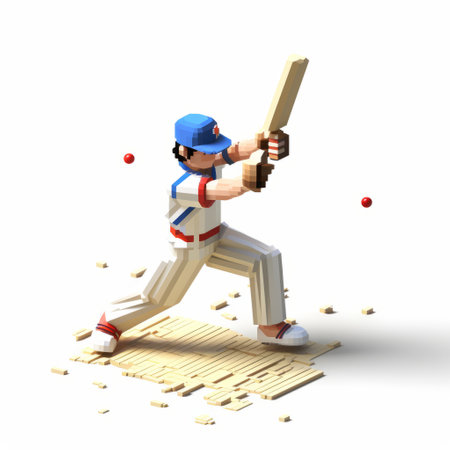 a lego cricket player, in white and azure, is depicted hitting a ball with his bat. this realistic and detailed rendering showcases the energy-filled illustrations in the style of editorial illustrations. the use of vray and neogeo techniques, along with a matte photo effect, adds depth and dimension to the image. ai generatedの素材