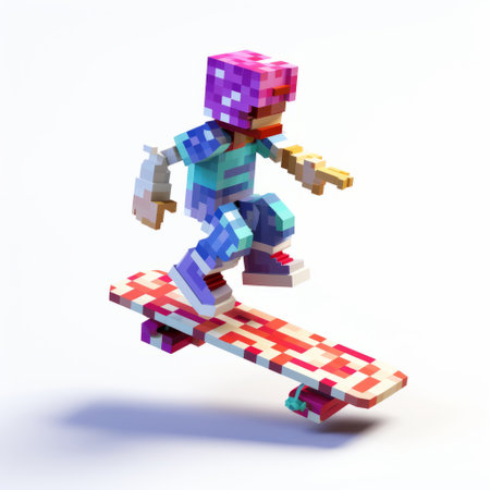 a minecraft figure is seen on the bottom right, jumping on a skateboard in this conceptual digital art. the artwork showcases gradient color blends, ambient occlusion, and a vibrant color palette of magenta and blue. the use of vray enhances the visual appeal, while the skeletal structure adds depth to the composition. ai generatedの素材