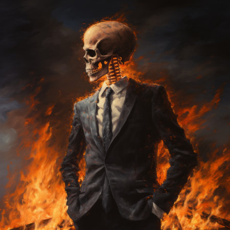 a skeletal human dressed in a suit, resembling the style of rhads, is depicted in this 8k resolution photograph. the figure appears burned and charred, adding a sense of intensity to the image. created by oleg shuplyak, this neo-figurative artwork combines edgy political commentary with the aesthetics of social media portraiture. ai generatedの素材