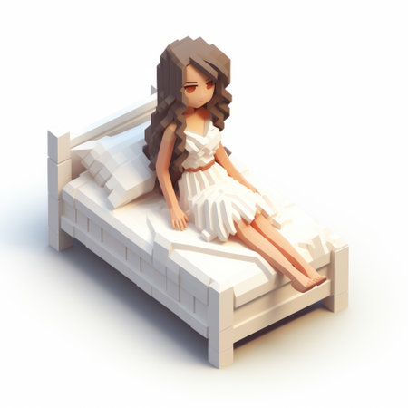 a photo of a tnt girl in bed, available for download. the image showcases voxel art style with monochromatic white figures. it captures a romantic emotion while also portraying suburban ennui. the composition is reminiscent of the works of fernando amorsolo. the figures are made of plastic, highlighting the use of common materials. ai generatedの素材