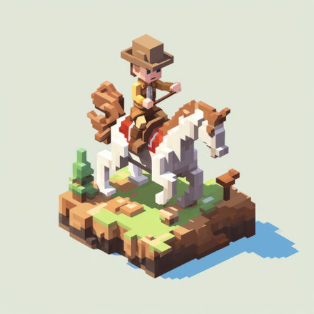 an old western hero, depicted in voxel art style, is seen riding a white horse in a picturesque valley. the playful character design adds a whimsical touch to the scene. the use of mundane materials gives the artwork a unique charm, while the blocky aesthetic adds to its voxel art appeal. the high-angle perspective captures the hero's adventurous spirit, and the inclusion of group materialの素材