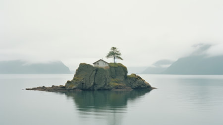 a small house on an island surrounded by big mountains, captured in a minimalistic portrait style. the photo showcases a soft atmospheric perspective, reminiscent of national geographic's photography. the calm waters and muted colors add to the serene ambiance. the image also features highly textured elements, enhancing the overall visual appeal. ai generatedの素材