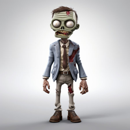 a cartoon zombie wearing a business suit is depicted in this photographically detailed portrait. created in the style of vray tracing, the childlike illustrations showcase light gray and bronze tones. with a resolution of 20 megapixels, this artwork also incorporates 2d game art elements and features skull motifs. ai generatedの素材