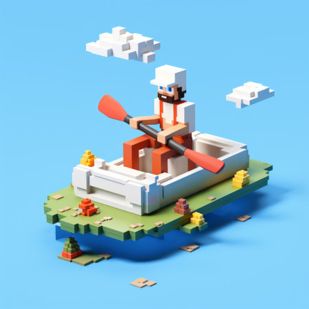 a pixel person stands in a boat surrounded by other people, depicted in the unique style of voxel art. this editorial illustration by mike campau showcases clean and simple designs, predominantly in white and orange. the vibrant colors resemble colorful woodcarvings, creating a visually striking and whimsical scene. this artwork embodies the essence of duckcore aesthetics. ai generatedの素材