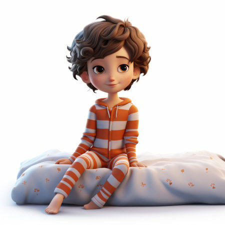a 2d uv boy is depicted sitting in pajamas, showcasing detailed character illustrations. the photorealistic representation captures the boy in a light white and orange color scheme. the image is rendered in 32k uhd resolution, highlighting striped arrangements. the overall aesthetic is reminiscent of childlike illustrations with a touch of wavy elements. ai generatedの素材