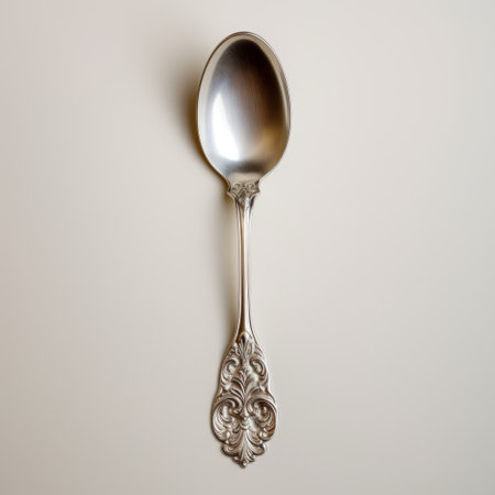a silver spoon with baroque-esque ornateness is placed on a table in this 19th century american art-inspired photograph. the minimal retouching highlights its intricate details, while the yankeecore style adds a touch of nostalgia. captured in a matte finish, the high-quality photo features a white background that enhances the spoon's elegance. ai generatedの素材