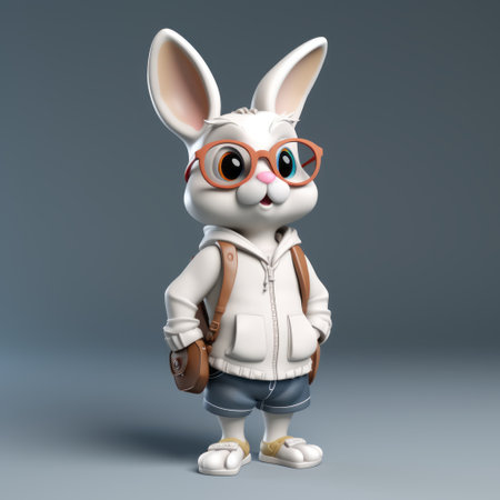 a bunny rabbit wearing glasses and carrying a backpack is depicted in this hyper-detailed and realistic rendering. the 32k uhd image showcases childlike figures with a touch of style in their costume design. the character is reminiscent of the works of artists like alex robinson and kevin hill. ai generatedの素材